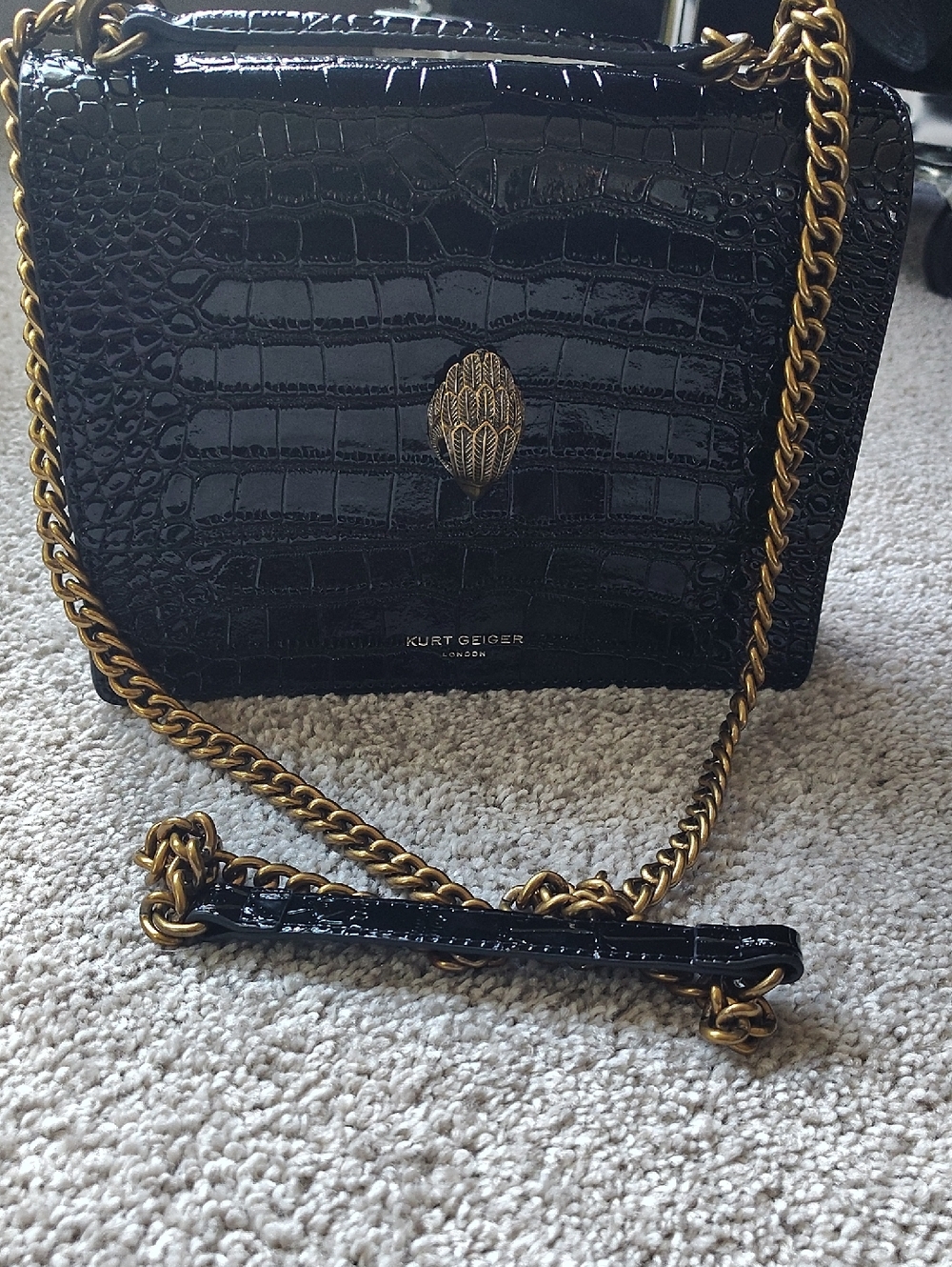Kurt Geiger Black Croc-Embossed Crossbody with Gold Chain & Emblem